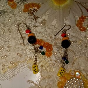 Long vintage dice earrings orange and black